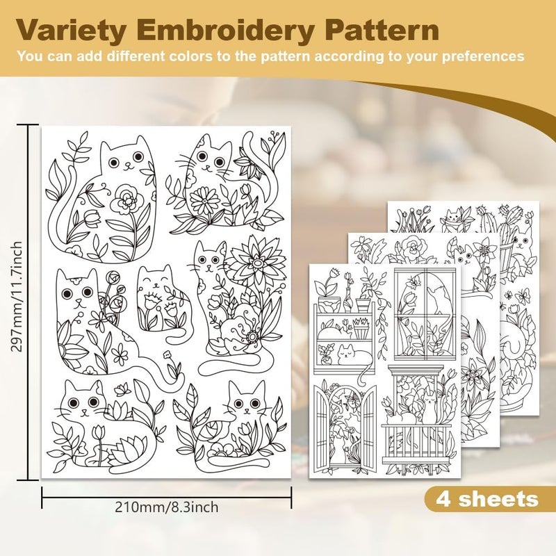 DOODLREAM 20Pcs Cat Playing in Flowers Embroidery Pattern Stabilizer, 8.3"x11.7"Cartoon Kitten Water Soluble Stick and Stitch Embroidery Sticker, 4 Sheets Hand Sewing DIY Embroidery Paper - Image 2